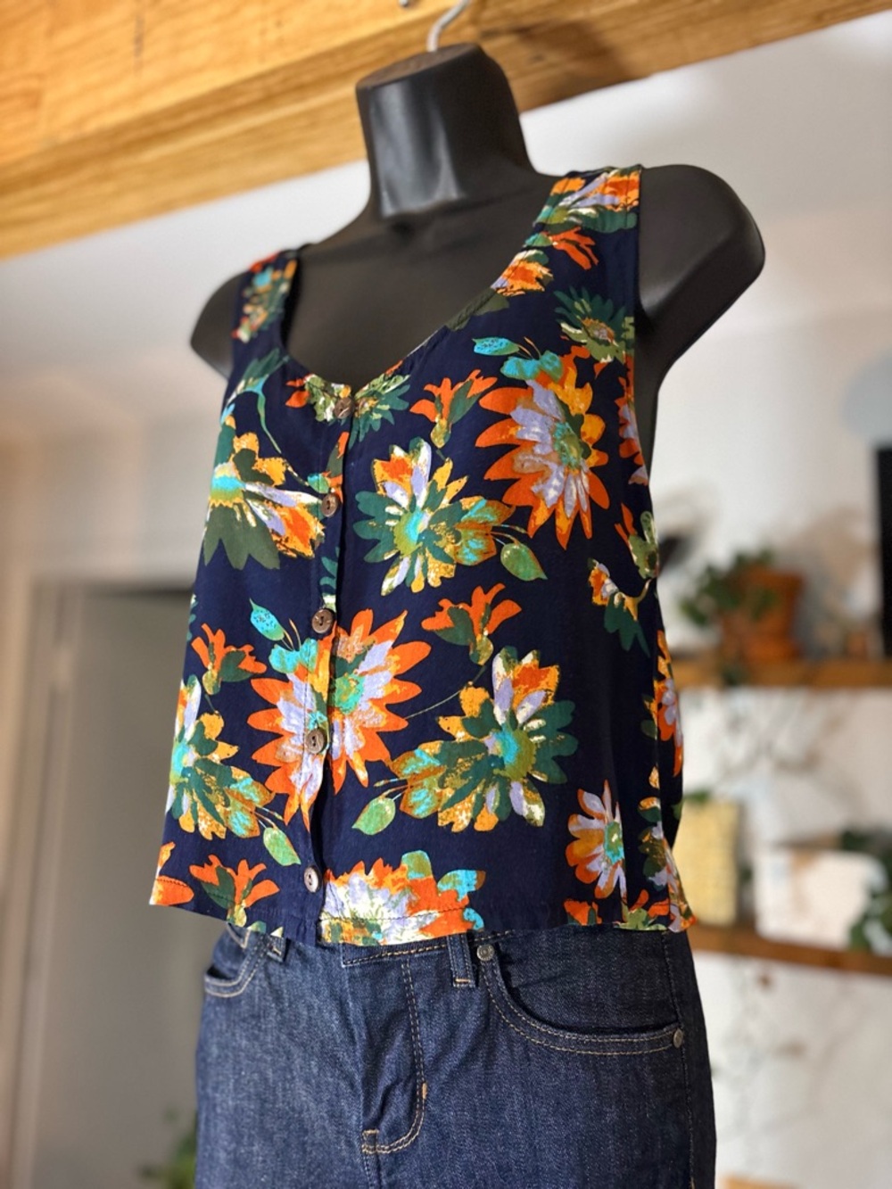 Ananas & Bananas Tropical Print Top – Size M, Buttons Front